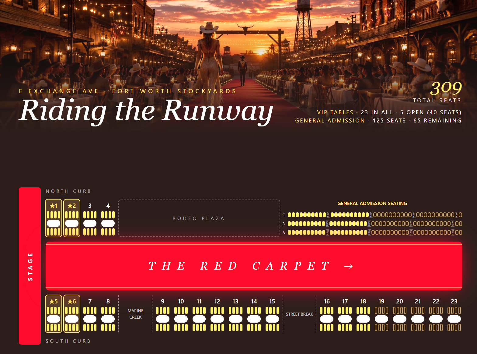 Seating chart — 23 VIP tables and general admission rows lining the red carpet runway on Exchange Avenue, Fort Worth Stockyards